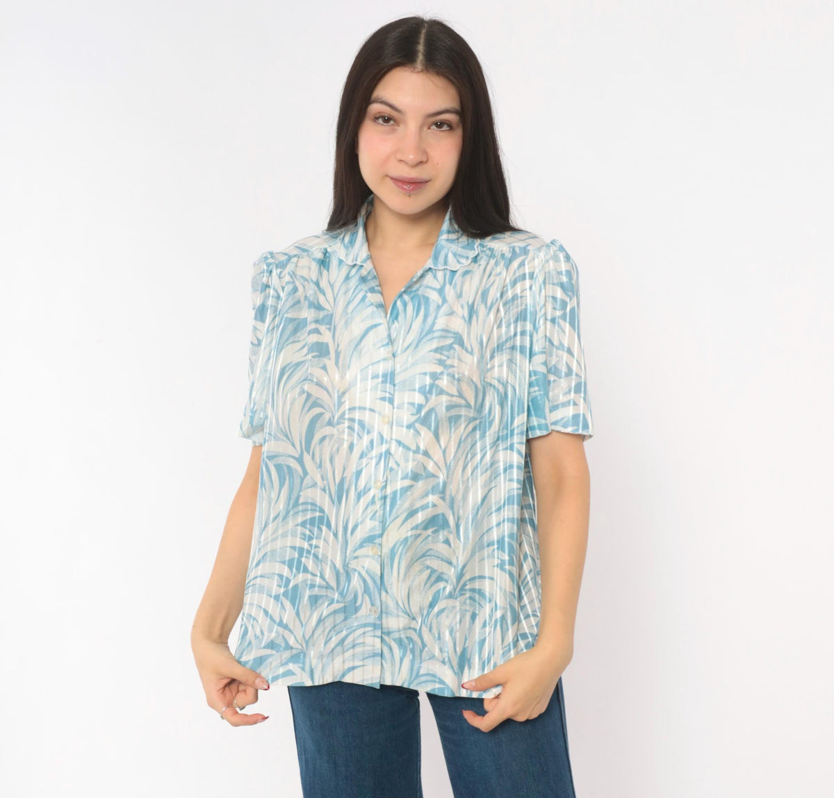 70s Graff Palm Leaf Blouse Blue White Tropical Print Button-Up Medium