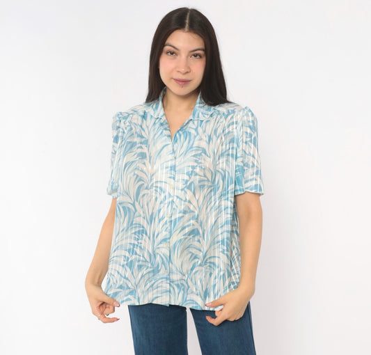 70s Graff Palm Leaf Blouse Blue White Tropical Print Button-Up Medium