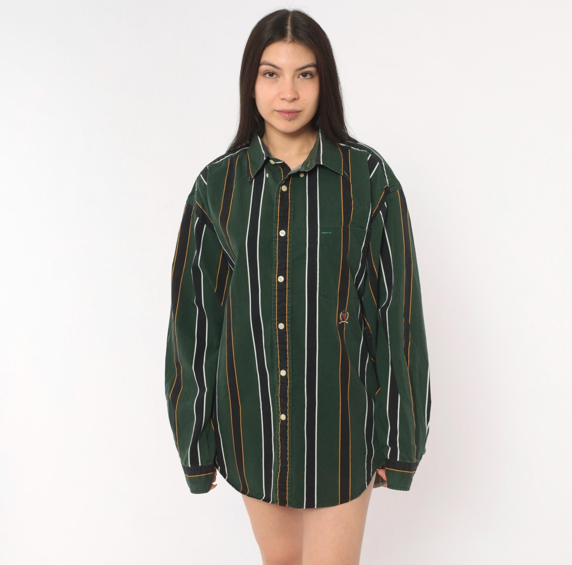Tommy Hilfiger 90s Striped Cotton Shirt Forest Green Crest Logo Large L
