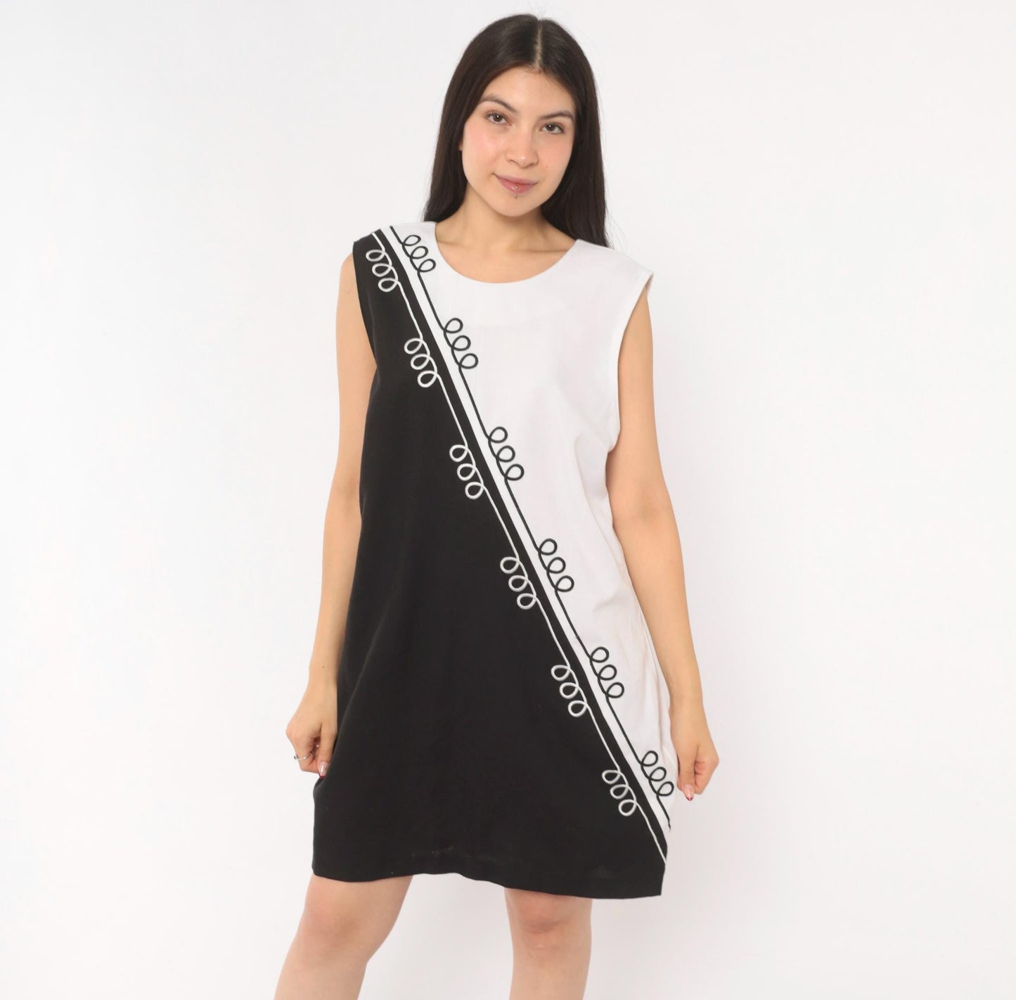 90s Sunshine Starshine Black White Colorblock Shift Dress Scoop Neck Large L