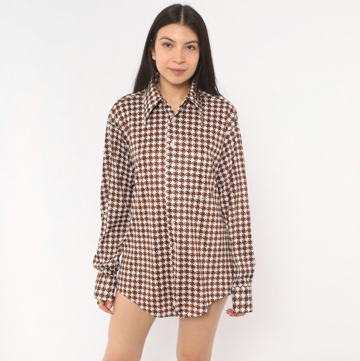 70s Brown White Houndstooth Button Up Shirt Pointed Collar Chest Pocket Large