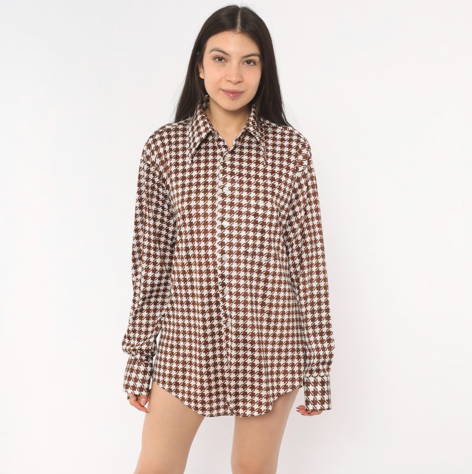 70s Brown White Houndstooth Button Up Shirt Pointed Collar Chest Pocket Large