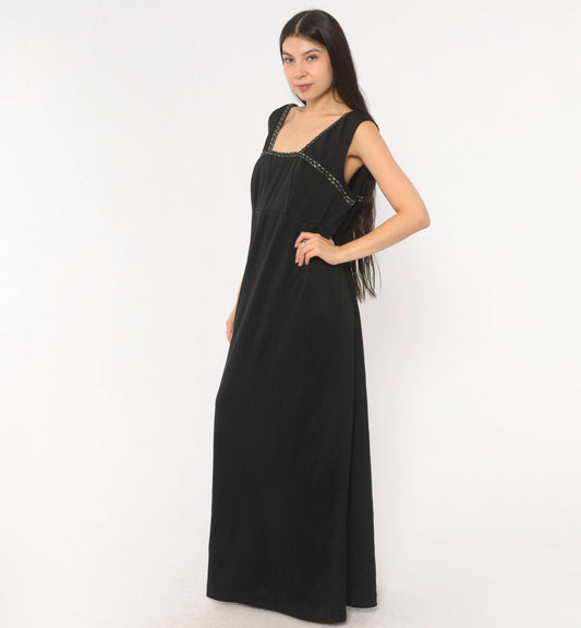 70s Black Maxi Dress Empire Waist Square Neckline Silver Braided Trim Extra Large