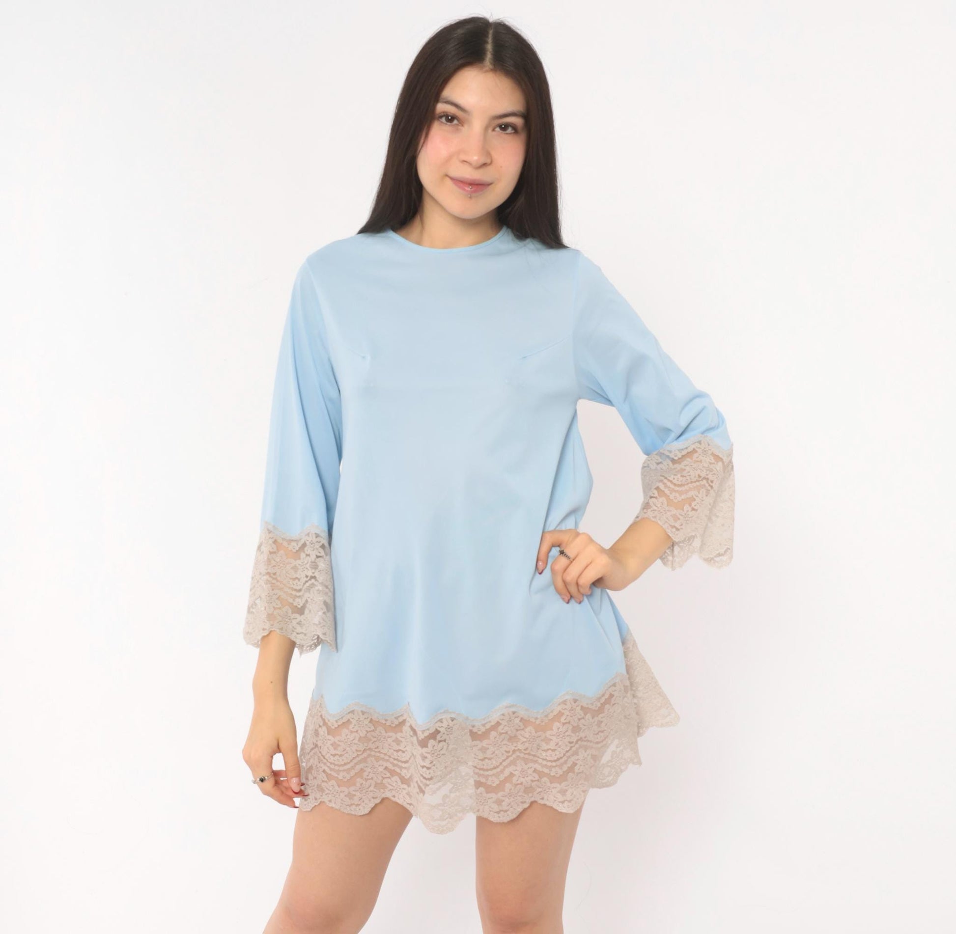 bell sleeve mini dress 70s Sky Blue Lace Trim Slip XS – Shopexile 2026 Clearance Back Zipper Closure – Color:Same as picture TDS CDS470
