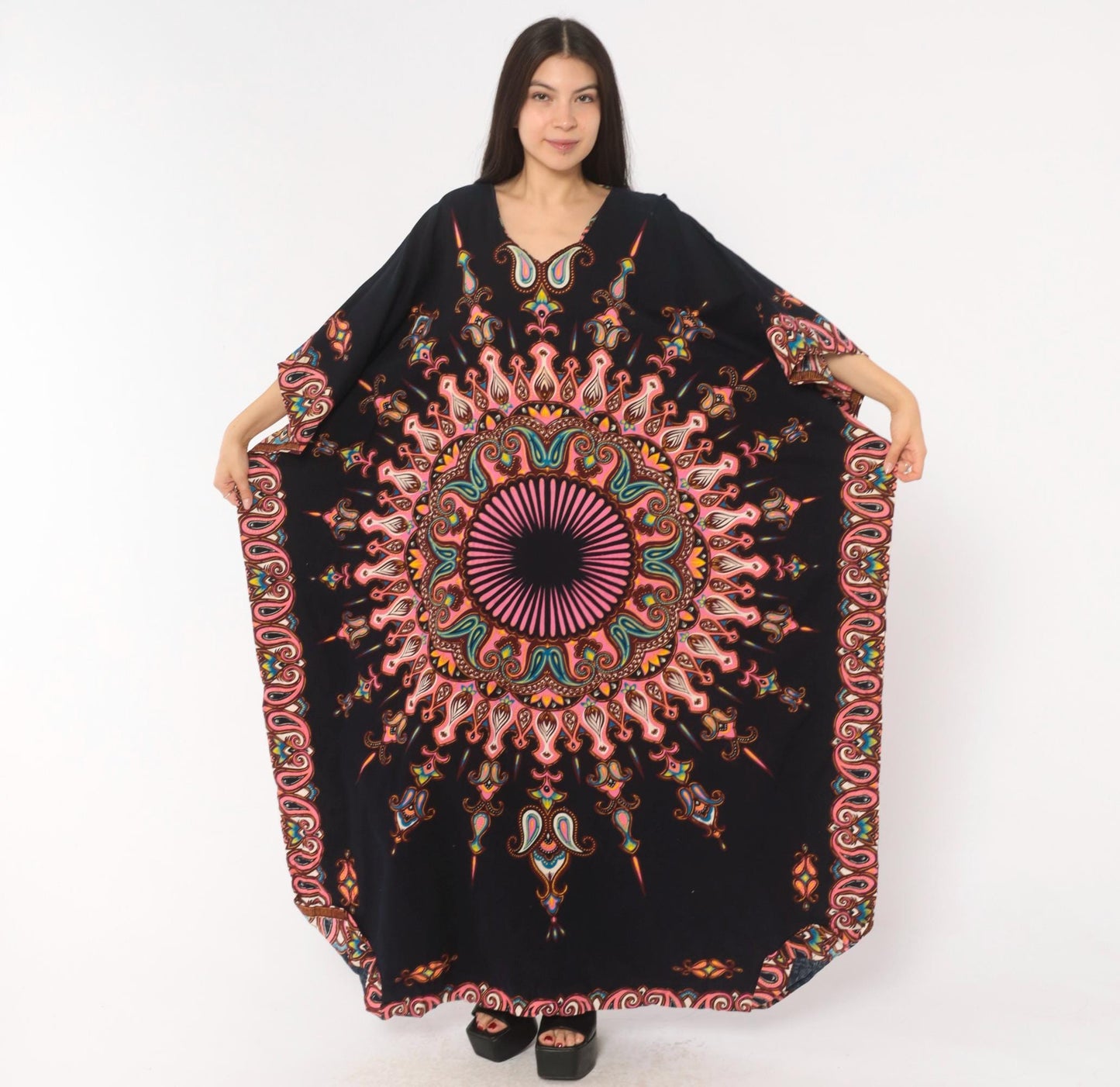 2000s Black Mandala Kaftan Paisley Print Pink V-Neck Bat Wing Maxi Dress One Size