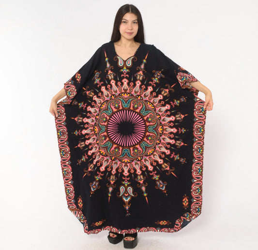 2000s Black Mandala Kaftan Paisley Print Pink V-Neck Bat Wing Maxi Dress One Size