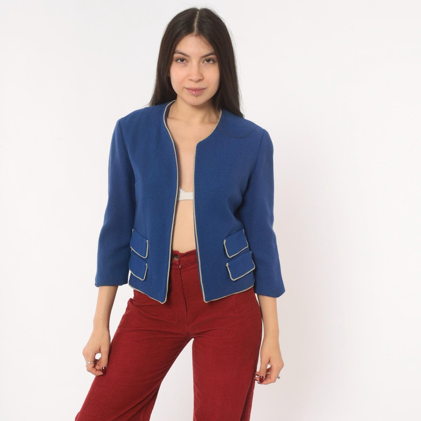 60s Cobalt Wool Blazer Cropped Jacket Cream Piping Three Quarter Sleeve Small S