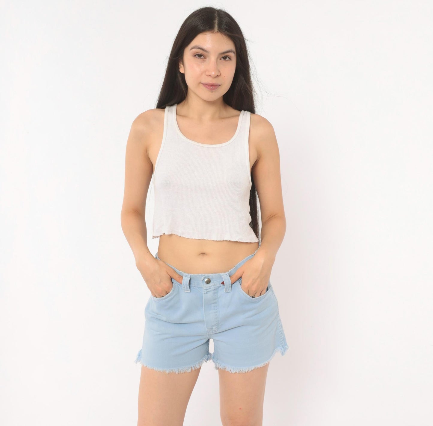 70s Light Blue Denim Cut-Off Shorts Raw Hem Low Rise Medium M