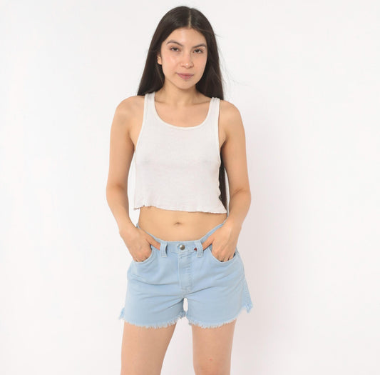 70s Light Blue Denim Cut-Off Shorts Raw Hem Low Rise Medium M