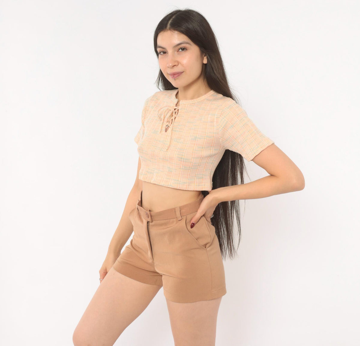 00s Tan Tailored Shorts High Waist Button Front Cuffed Hem Small S