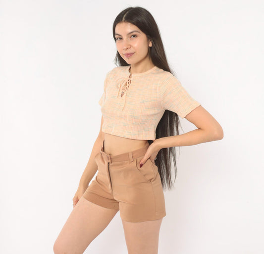 00s Tan Tailored Shorts High Waist Button Front Cuffed Hem Small S