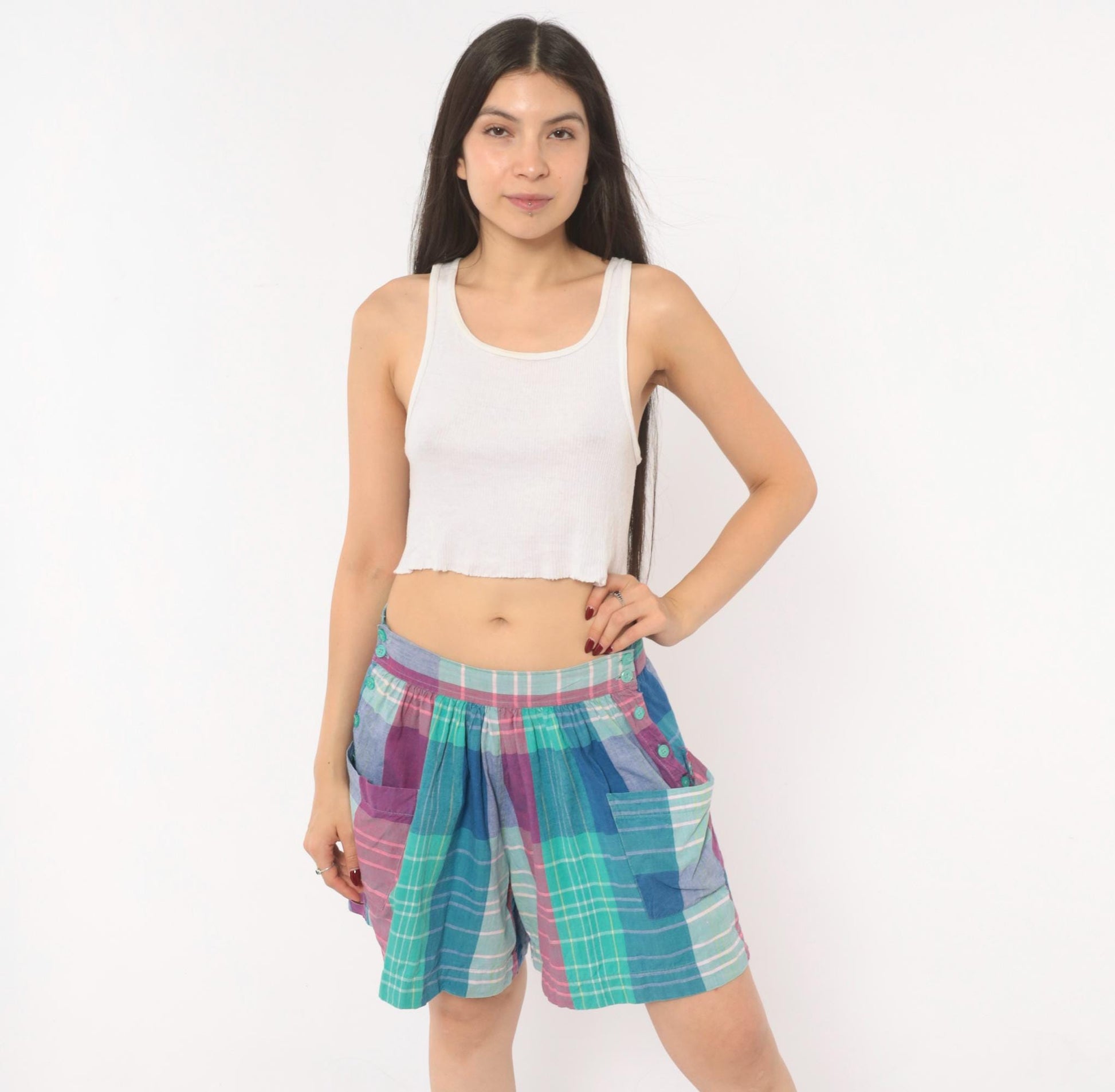 90s Technics Madras Plaid Shorts High Waisted Wide Leg Cotton Teal Pink Large L