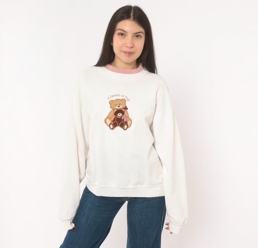 90s M Energy Sportswear Teddy Bear Embroidered Sweatshirt White Pink Ringer Medium