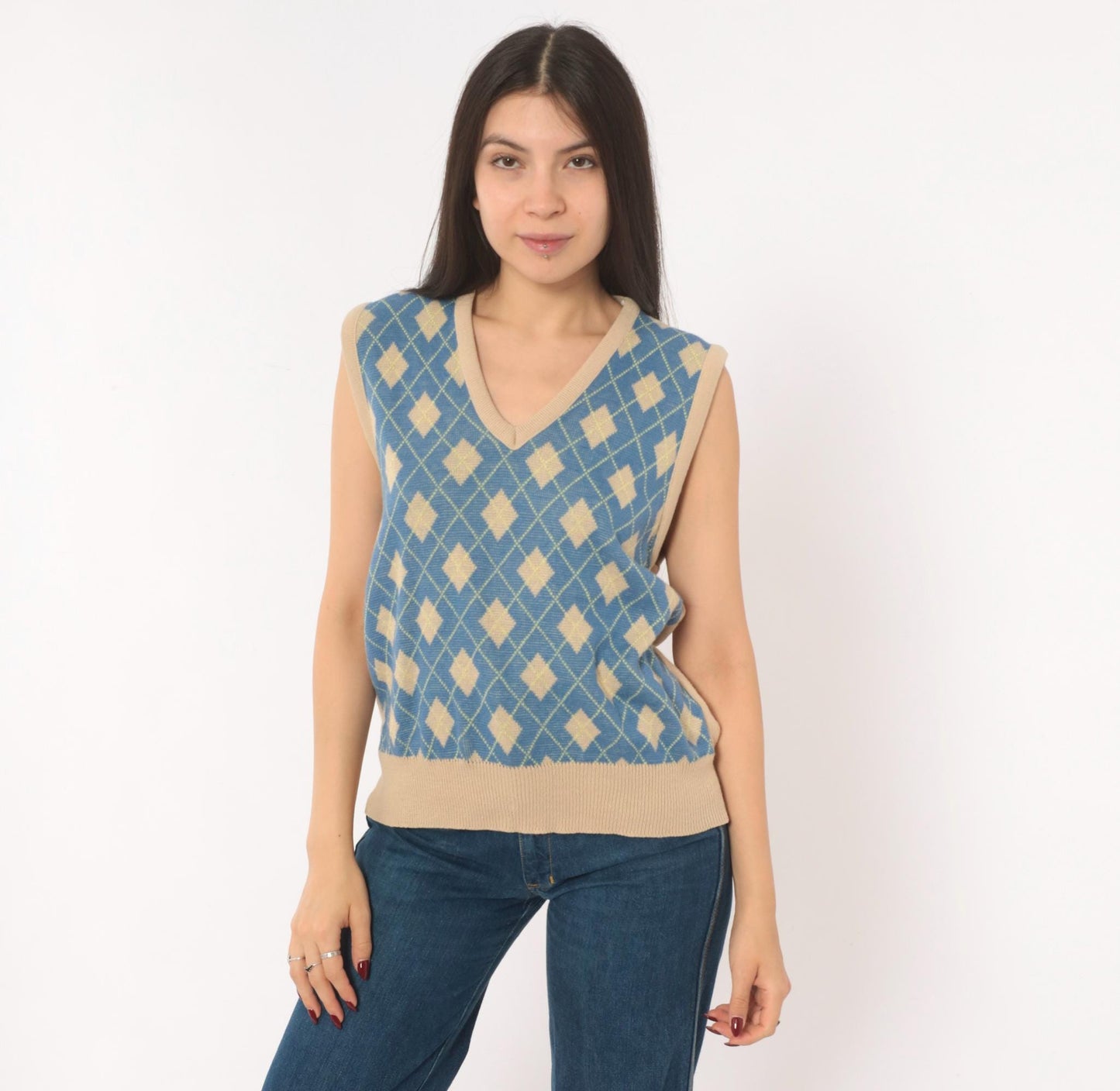 70s Pinnacle Argyle Knit Vest Blue Tan Diamond V-Neck Medium