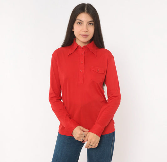70s K Mart Red Polo Shirt Pointed Collar Long Sleeve Chest Pocket Medium