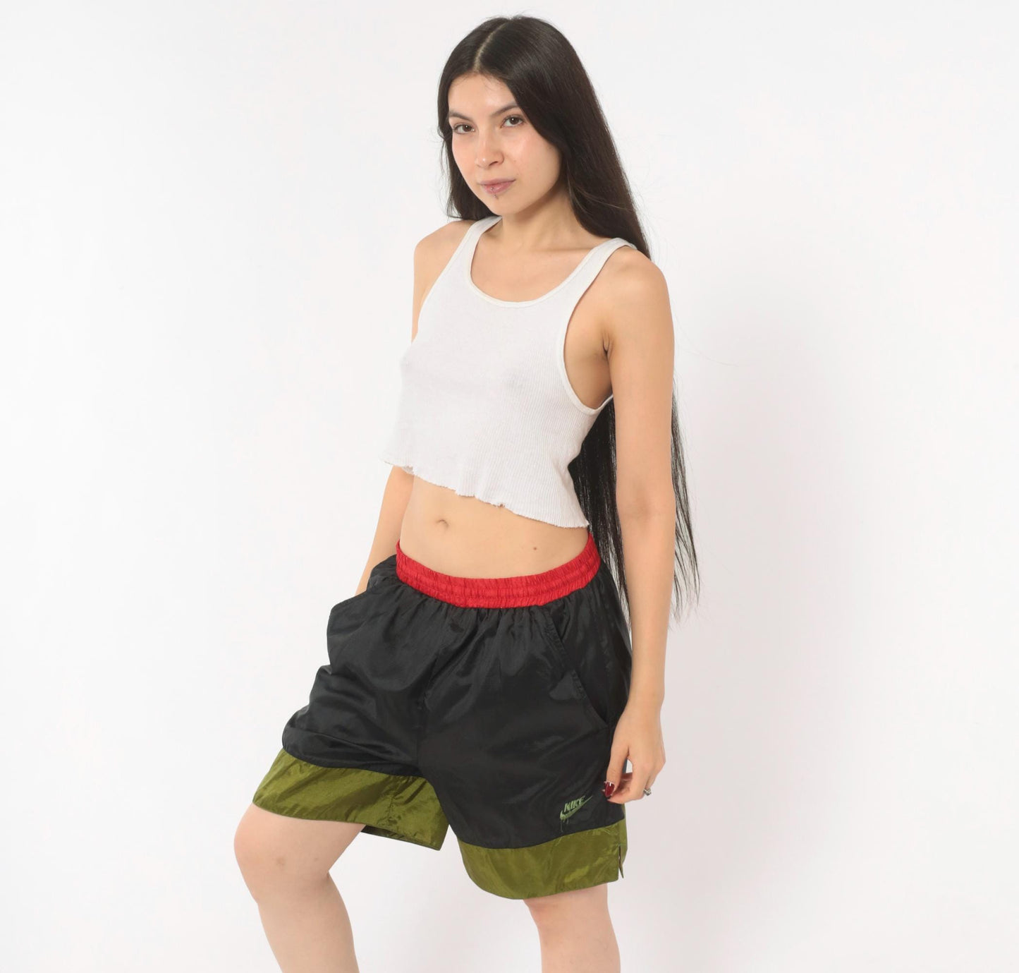 90s Nike Windbreaker Shorts Black Olive Red Color Block Medium M