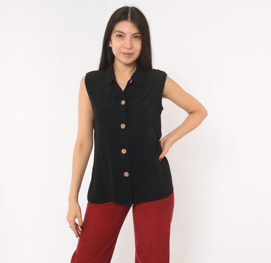 90s First Option Black Sleeveless Button Blouse Pointed Collar Medium M