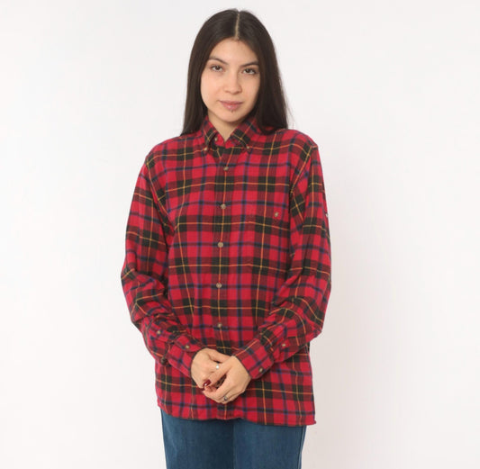 90s High Sierra Plaid Flannel Shirt Red Black Tartan Cotton Small