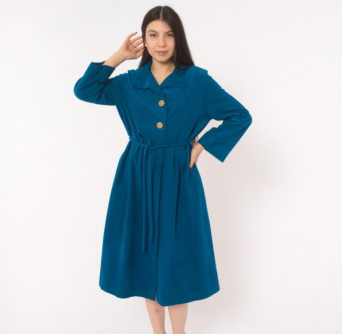 70s Vassarette Cobalt Belted Wrap Coat Knee Length Gold Buttons Medium