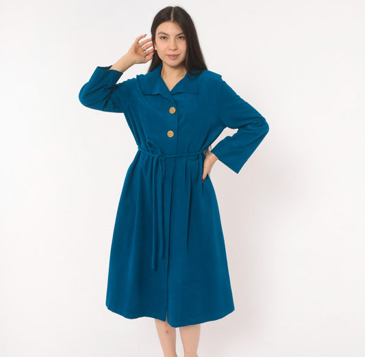 70s Vassarette Cobalt Belted Wrap Coat Knee Length Gold Buttons Medium