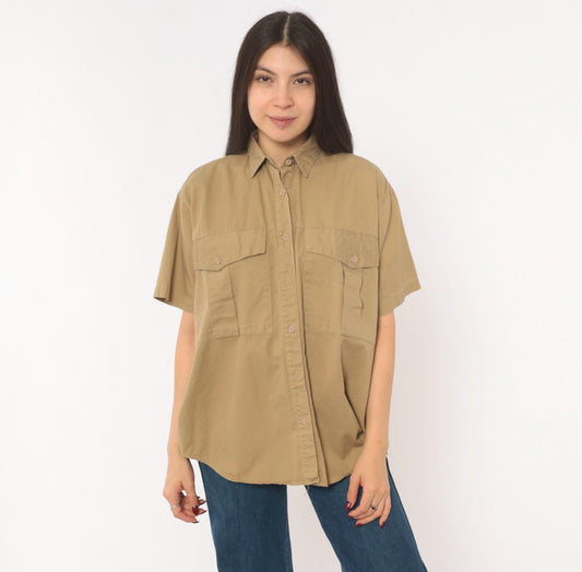 90s Forenza Tan Safari Button Shirt Cotton Khaki Utility Blouse Small S