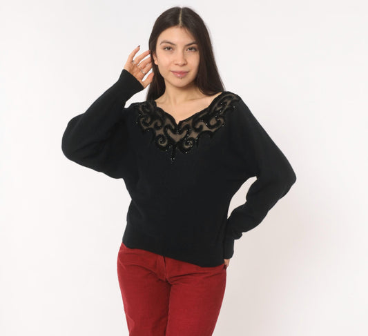 80s Sunbow 2 Black Beaded Mesh V-Neck Angora Pullover Dolman Sleeve Medium