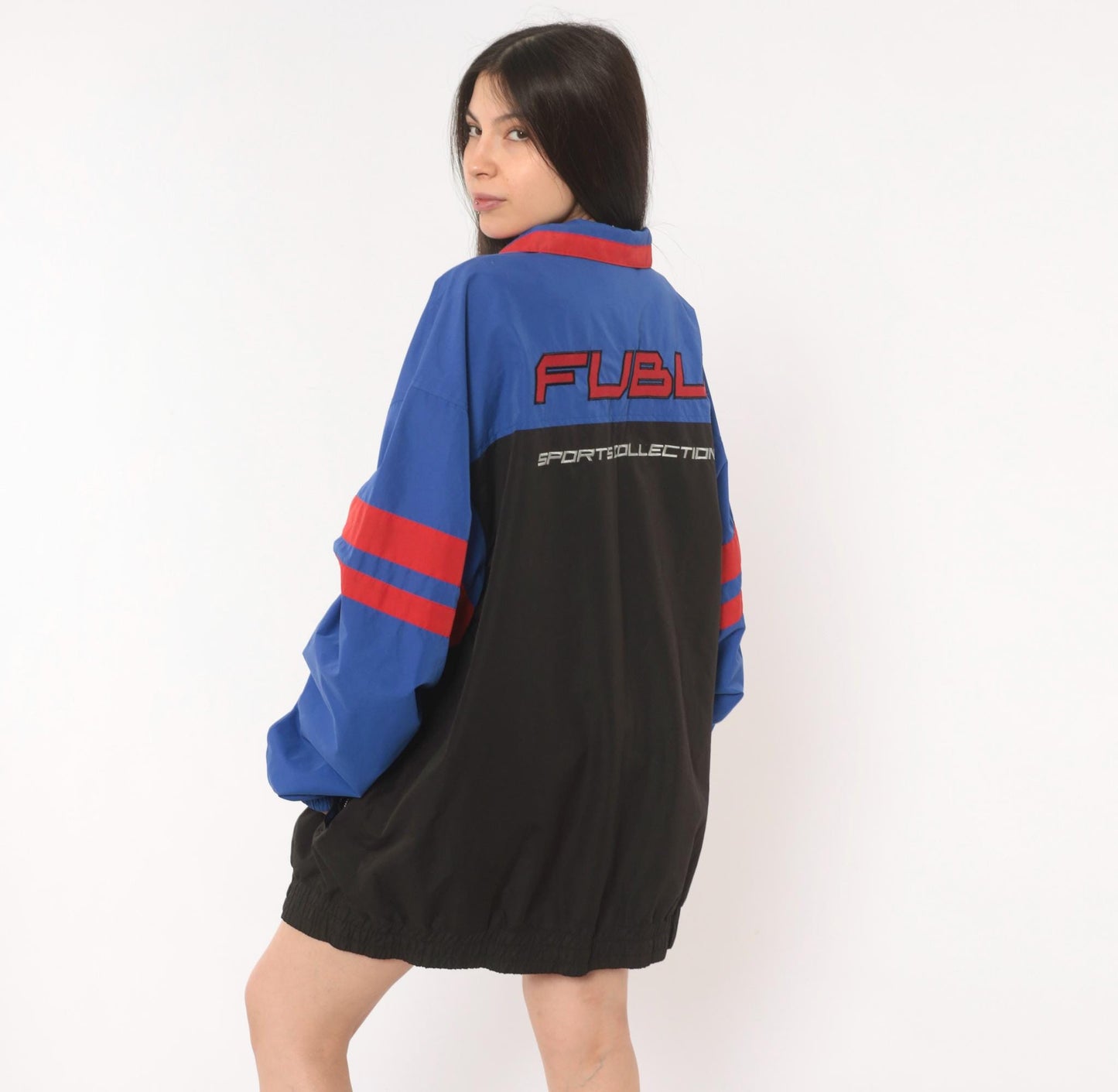 90s FUBU Sports Collection Windbreaker Royal Blue Black Red Colorblock Extra Large XL