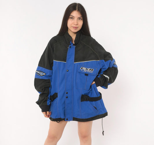90s FXR X-Tech Snowmobile Jacket Blue Black Color Block Nylon Shell Extra Large XL