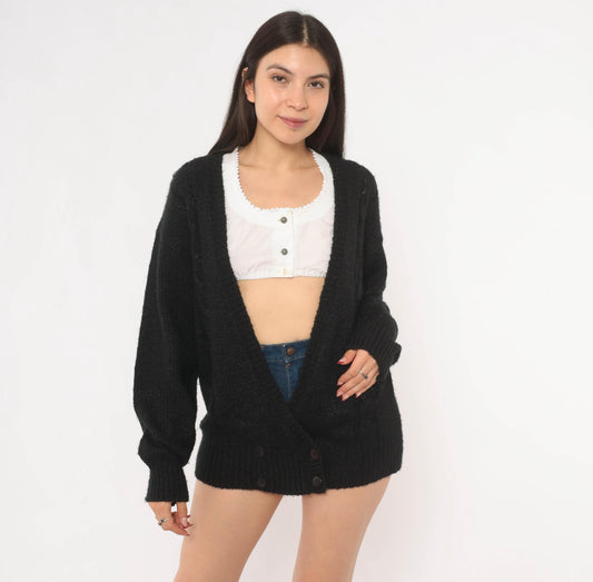 80s Black Double Breasted Cardigan Knit Sweater V Neck Medium M