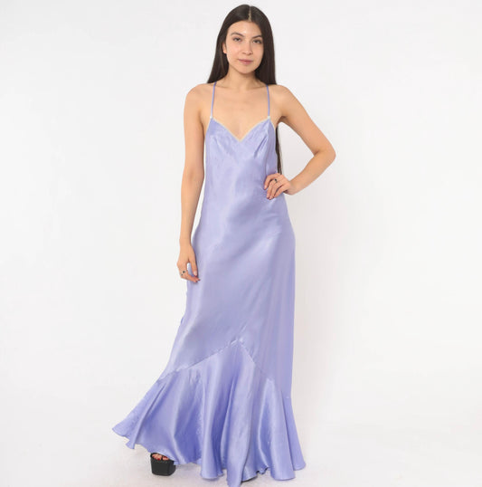 90s Lucie Ann Lavender Slip Gown Open Back Satin Lace Small
