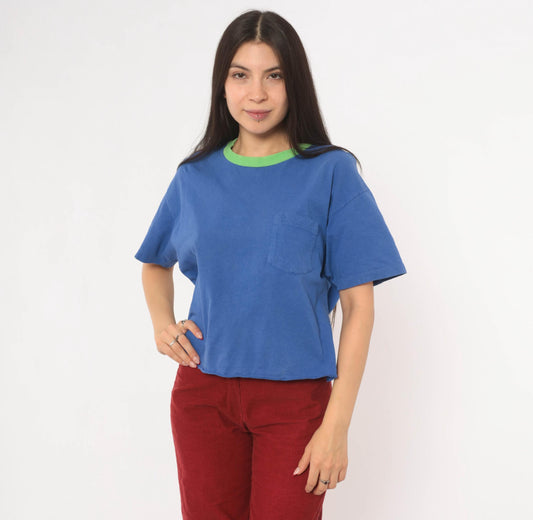 90s Blue Ringer Crop Tee Green Ribbed Collar Pocket Cotton Medium M