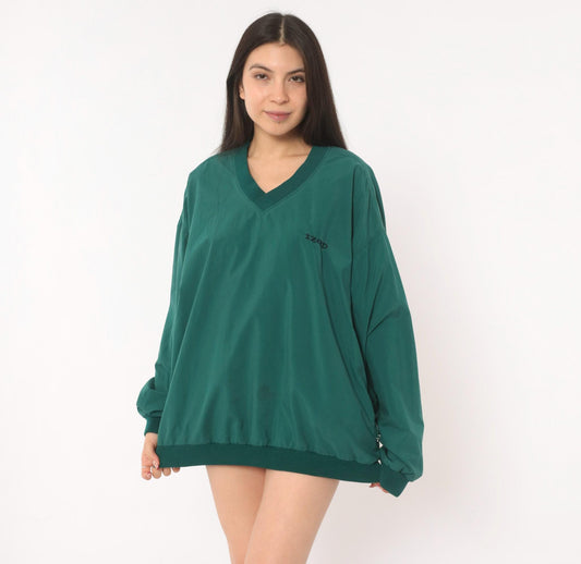90s Izod Teal Nylon Windbreaker V-Neck Pullover Green Ribbed Medium M