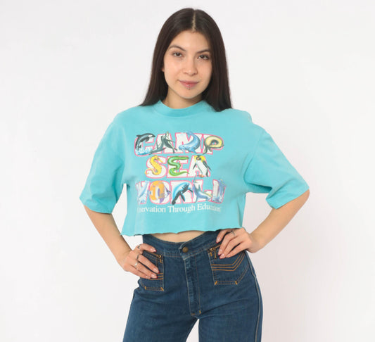 90s Animal Conservation Cropped Tee Aqua Marine Life Graphic Medium