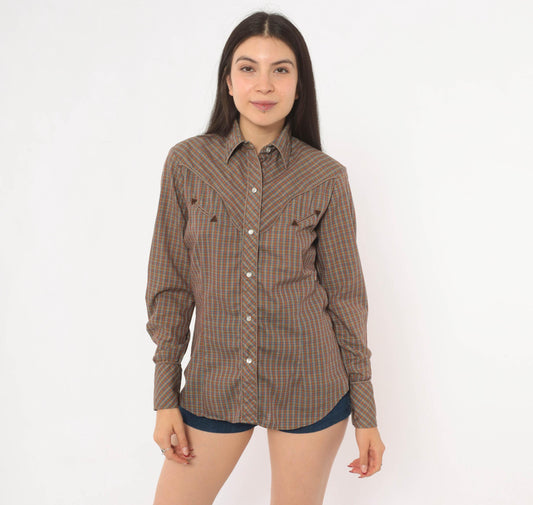 70s Western Plaid Shirt Pearl Snap Brown Blue Check Cotton Yoke Medium M