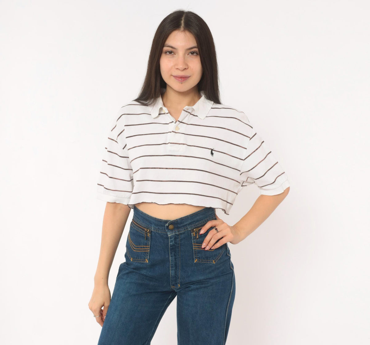 90s Polo Ralph Lauren Striped Cropped Polo Shirt White Brown Cotton Medium