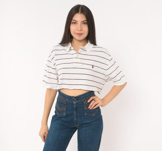 90s Polo Ralph Lauren Striped Cropped Polo Shirt White Brown Cotton Medium