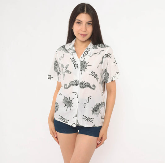 90s Cheryl Tiegs Seashell Print Camp Collar Shirt White Black Cotton XS