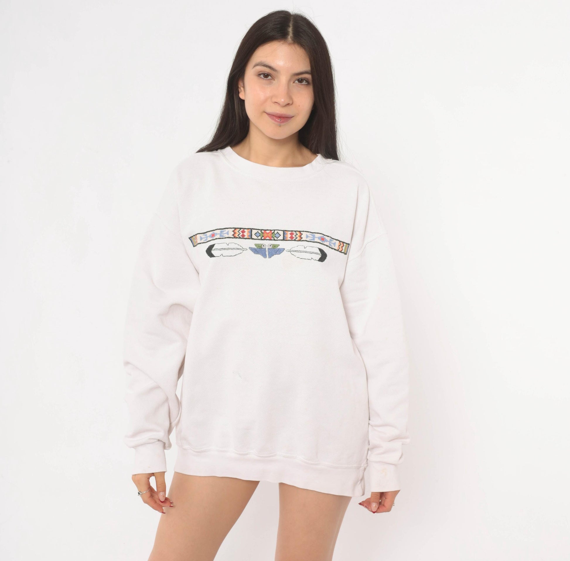 90s Sunbelt Southwestern Sweatshirt Cross Stitch Embroidered Eagle Cream Cotton Large