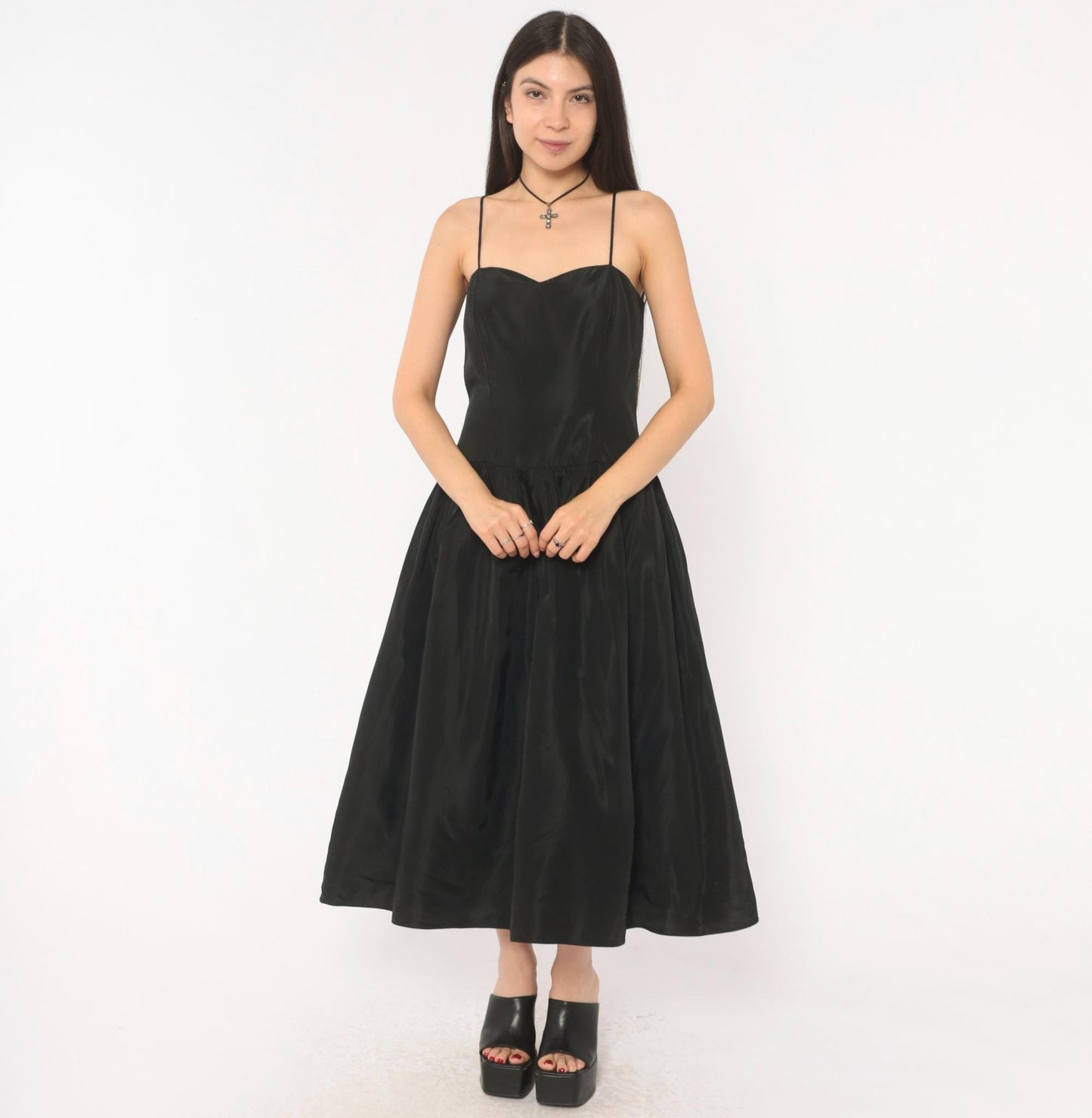 90s Black Sweetheart Midi Dress Spaghetti Strap Drop Waist Medium
