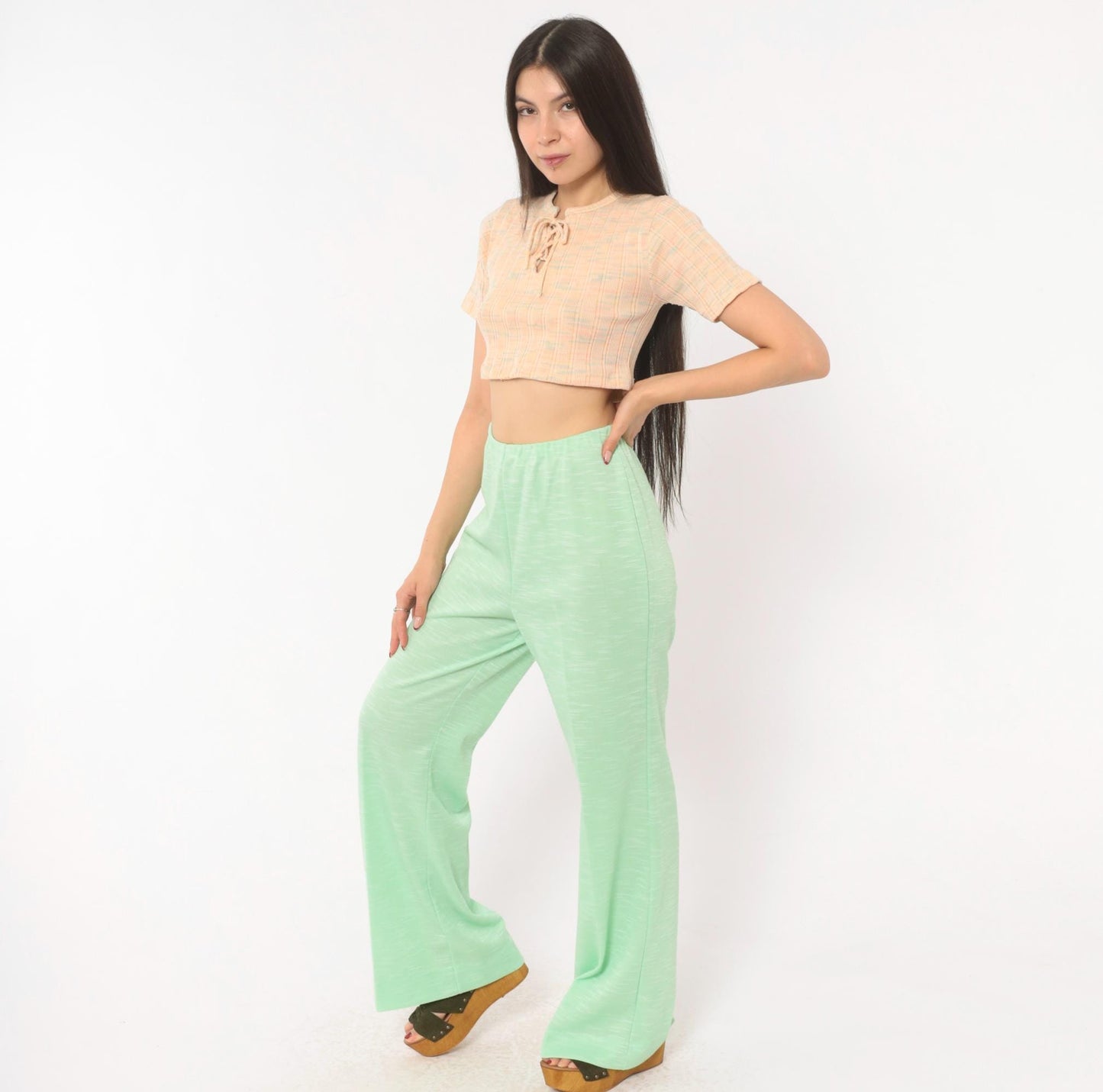 70s Mint Green Flare Pants High Rise Bell Bottom Wide Leg Medium Large