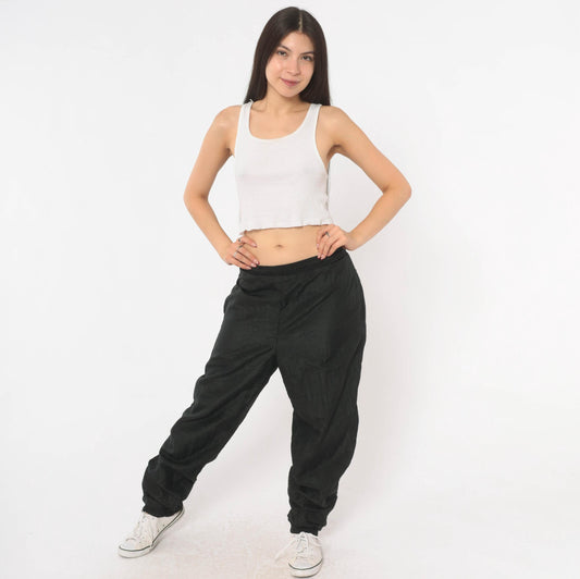 90s Nouveau Monde Sport Black Nylon Track Pants Zippered Ankle Medium M