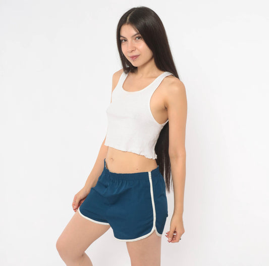 80s Navy Running Shorts White Piping Cotton Dolphin Hem Large L
