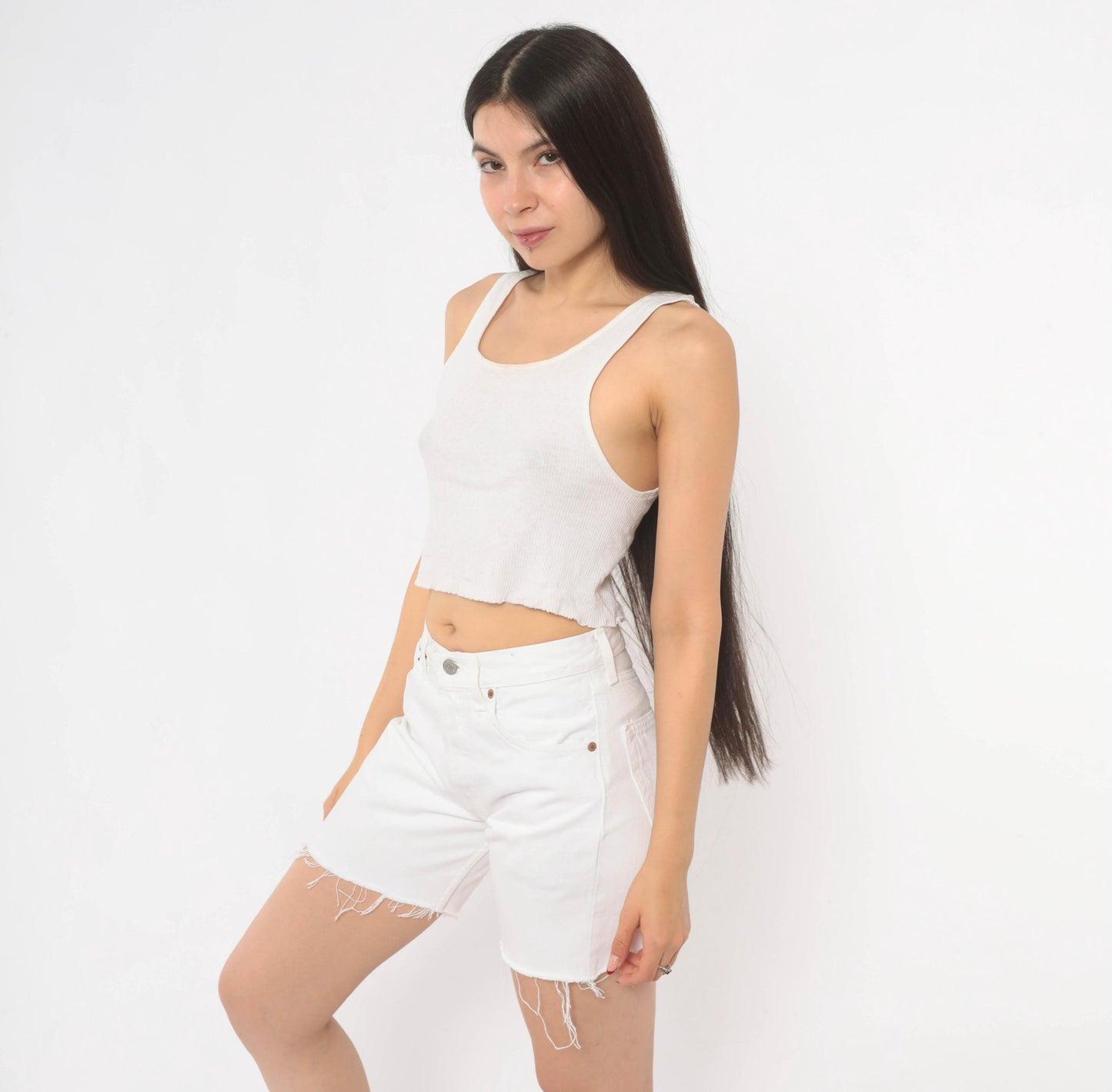 90s Levi's 501 White Denim Cutoff Shorts High Rise Button Fly Small S