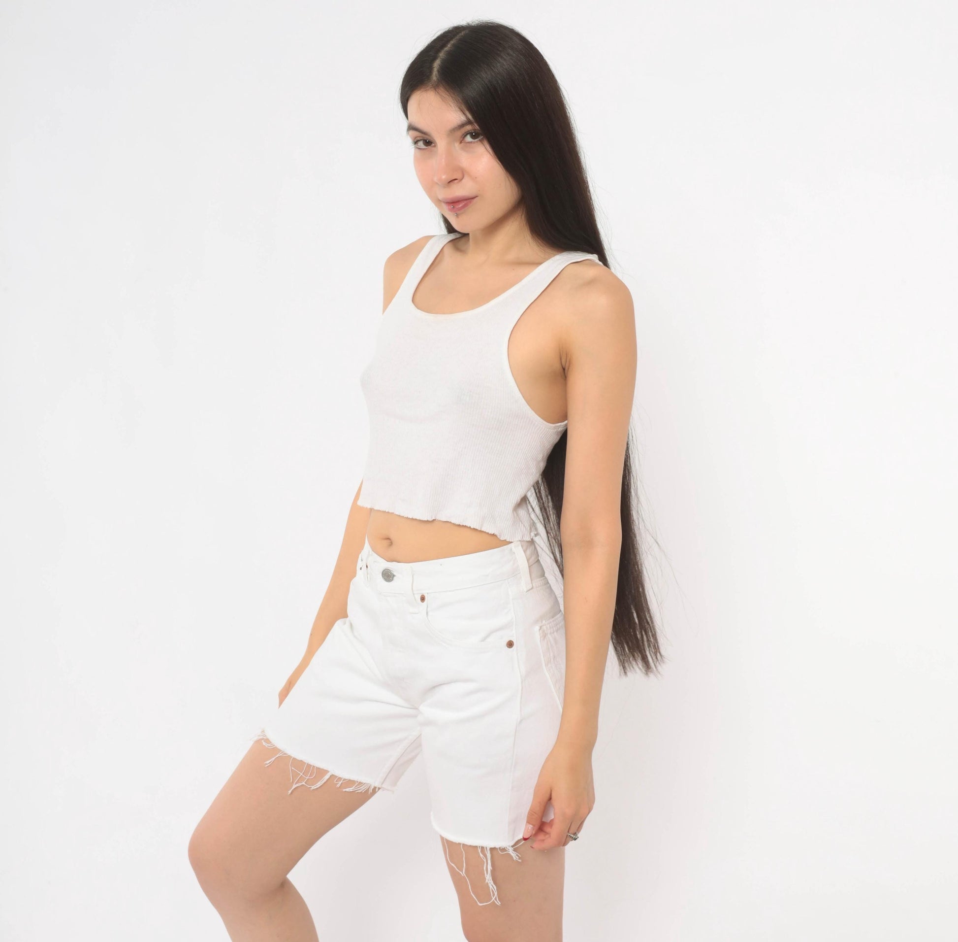 90s Levi's 501 White Denim Cutoff Shorts High Rise Button Fly Small S