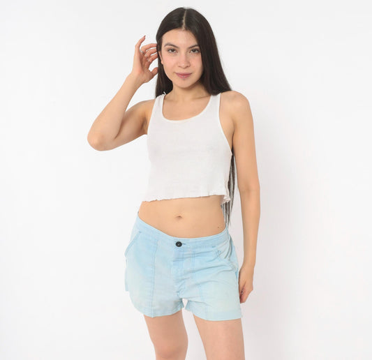 80s Light Blue Cotton Shorts Elastic Waist Button Fly Medium Large