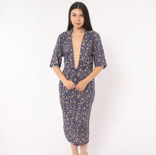 90s All That Jazz Navy Triangle Geometric Midi Dress Deep V Tan Gold Extra Small XS