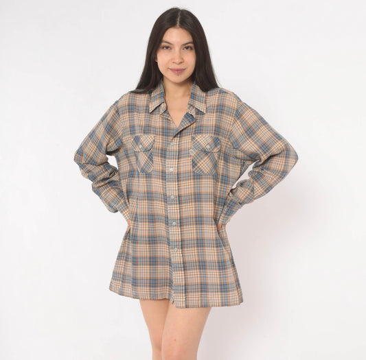 80s Levis Wildfire Plaid Button-Up Shirt Blue Tan Check Mens Medium