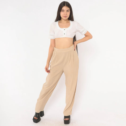90s Robbie Sport Pleated Trousers Tan High Waist Tapered Medium M