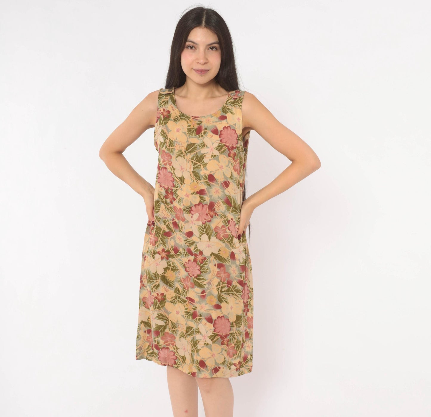 90s Dressing Clio Floral Shift Dress Cream Tropical Print Knee Length Small