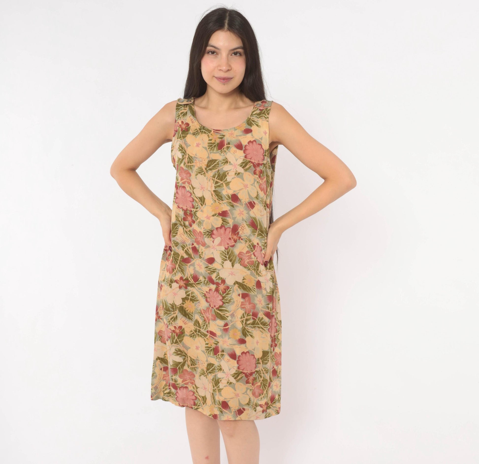 90s Dressing Clio Floral Shift Dress Cream Tropical Print Knee Length Small